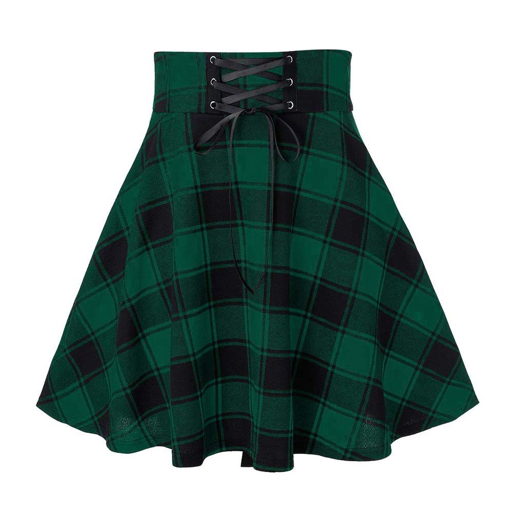 Plus Size Womens High Waist Lace Up Goth Mini Plaid Green Skirt (1X)