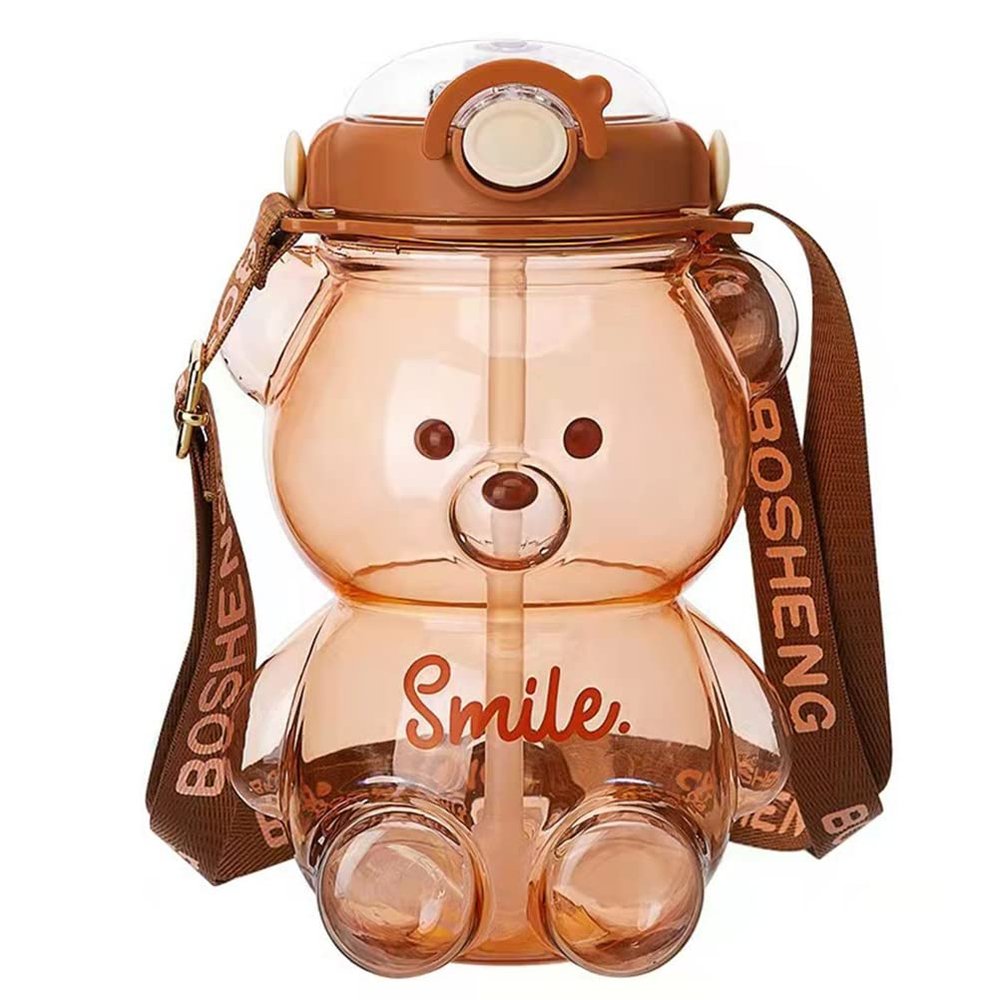 Kawaii Bear Straw Bottle, Large Kawaii Bear Shaped Water Bottle with Straw and Carrying Loop Adjustable Shoulder Strap, Cute Portable Water Bottles for Women Girls Sports Camping Picnic Hiking Travel