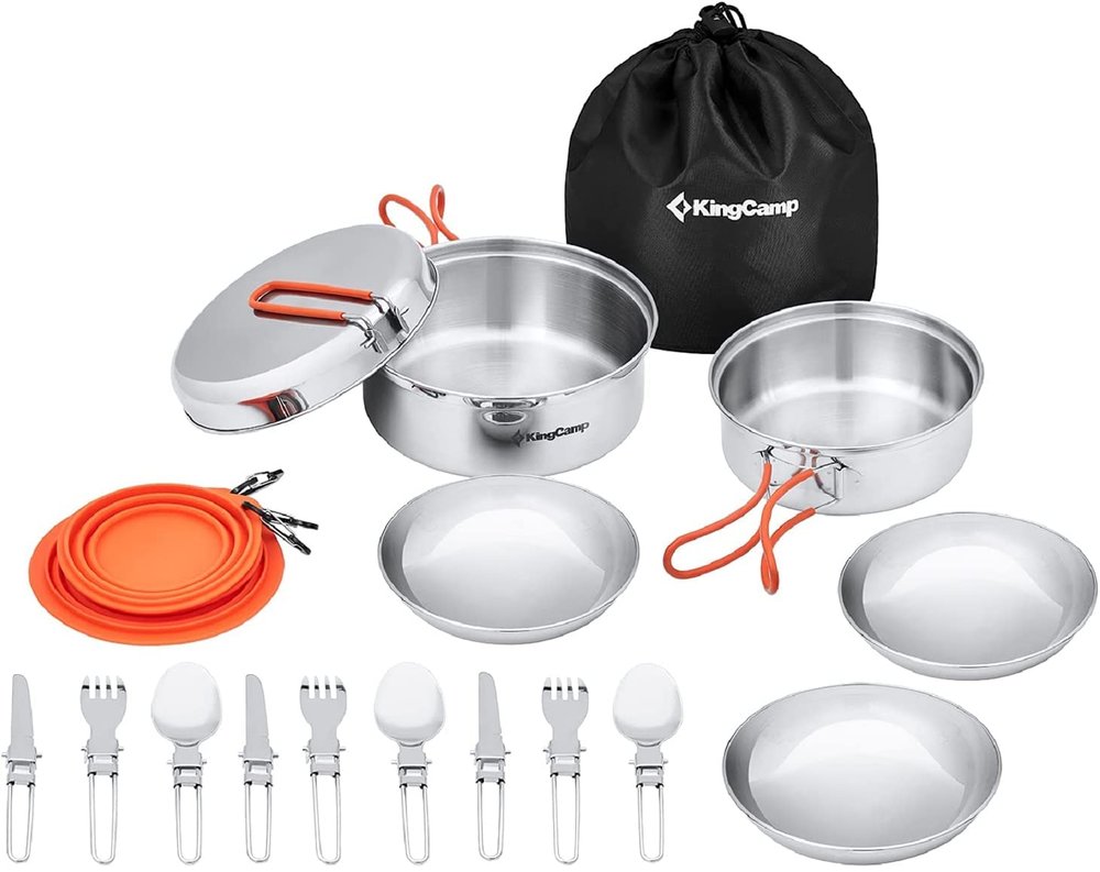 KingCamp Camping Cookware Mess Kit, 25pcs Backpacking Gear Cooking Equipment, Lightweight Pots and Pans with Folding Knife and Fork Set for 3-4 Person