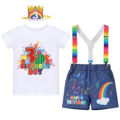 3 Year Old Boy Birthday Gift Toddler Kids 3rd Birthday Shirt+Rainbow Suspenders+Denim Shorts+Birthday Hat 4PCS Outfit Watermelon Party Supplies Summer Clothes Photoshoot Rainbow Melon-3rd 3 Years