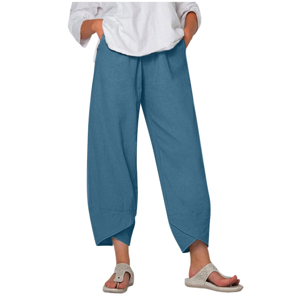 QWENTMTNTY Plus Size Capris Pants for Women Cotton Linen Wide Leg Casual Summer Comfy High Waisted Loose Crop Pants Pockets