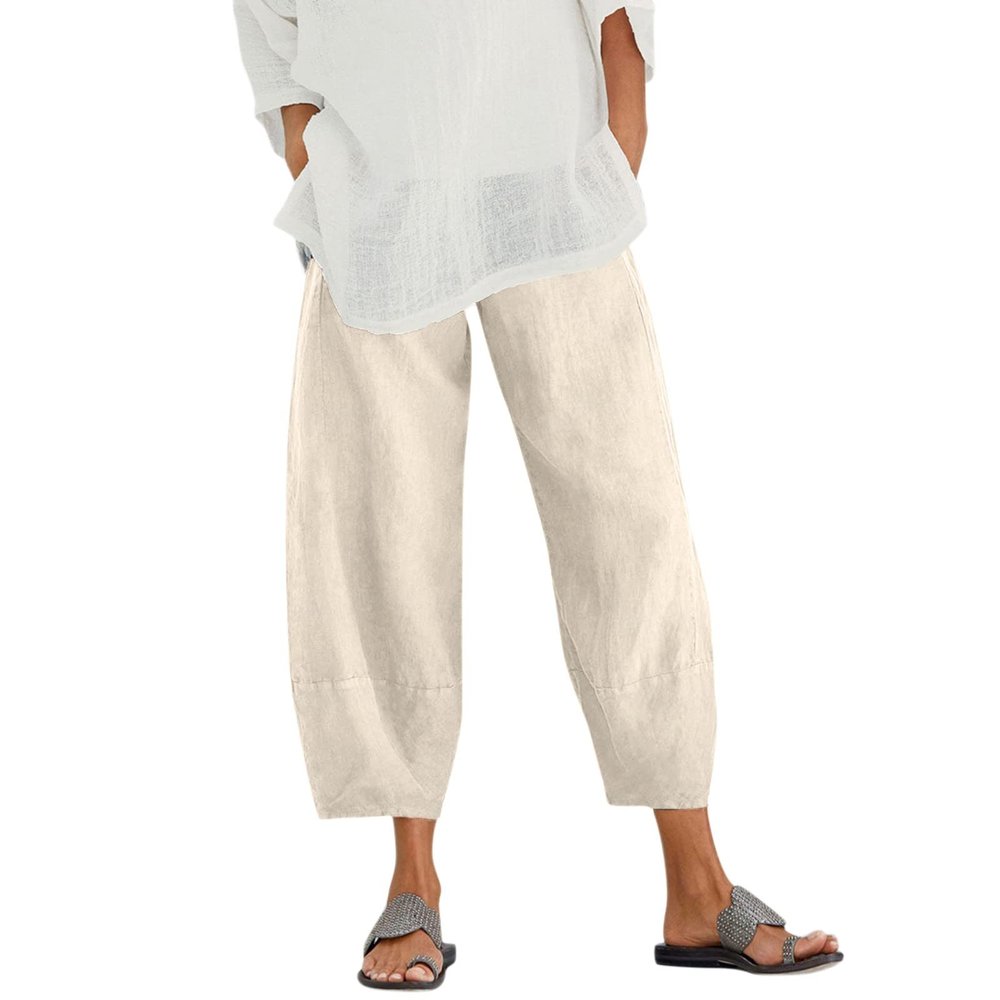 QWENTMTNTY Plus Size Capris Pants for Women Cotton Linen Wide Leg Casual Summer Comfy High Waisted Loose Crop Pants Pockets