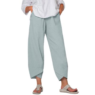 QWENTMTNTY Plus Size Capris Pants for Women Cotton Linen Wide Leg Casual Summer Comfy High Waisted Loose Crop Pants Pockets
