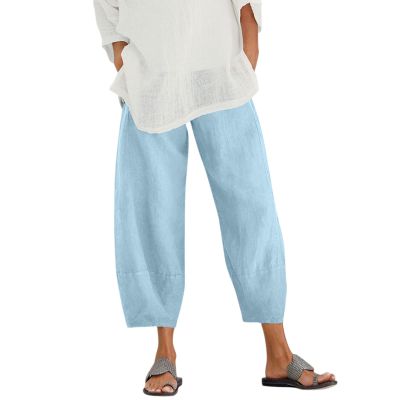 QWENTMTNTY Plus Size Capris Pants for Women Cotton Linen Wide Leg Casual Summer Comfy High Waisted Loose Crop Pants Pockets