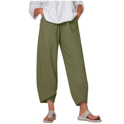 QWENTMTNTY Plus Size Capris Pants for Women Cotton Linen Wide Leg Casual Summer Comfy High Waisted Loose Crop Pants Pockets