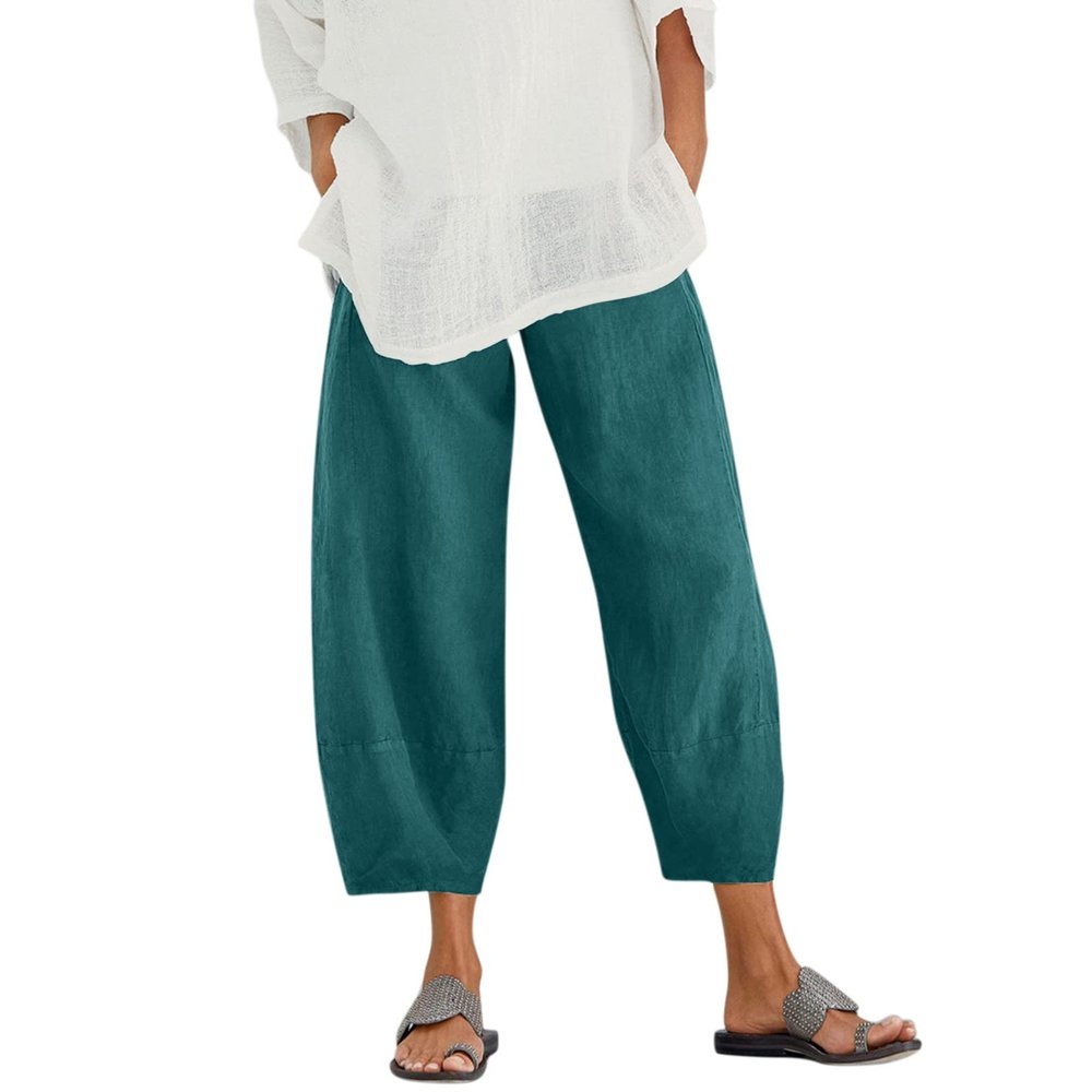 QWENTMTNTY Plus Size Capris Pants for Women Cotton Linen Wide Leg Casual Summer Comfy High Waisted Loose Crop Pants Pockets D-Blue