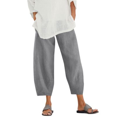 QWENTMTNTY Plus Size Capris Pants for Women Cotton Linen Wide Leg Casual Summer Comfy High Waisted Loose Crop Pants Pockets