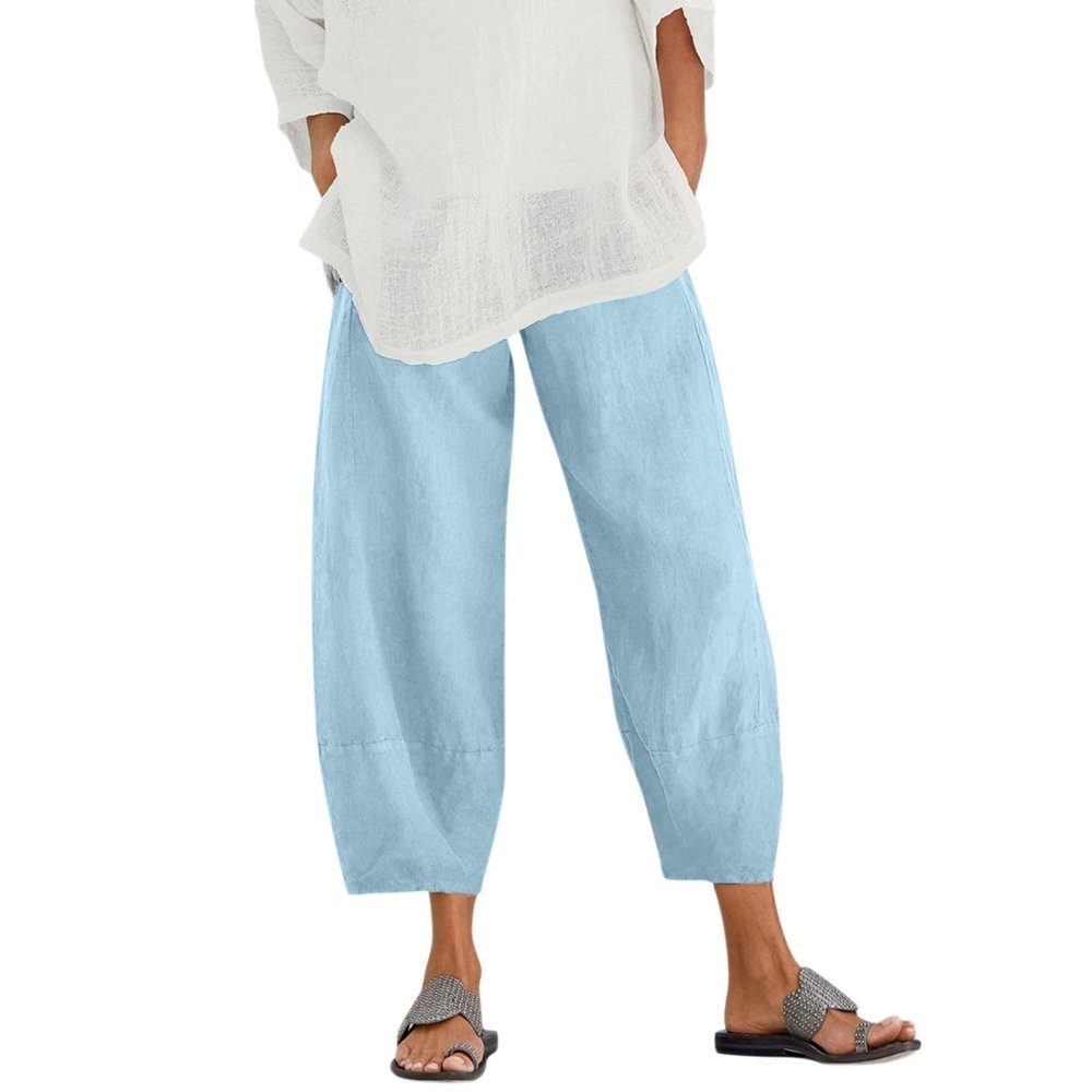 QWENTMTNTY Plus Size Capris Pants for Women Cotton Linen Wide Leg Casual Summer Comfy High Waisted Loose Crop Pants Pockets