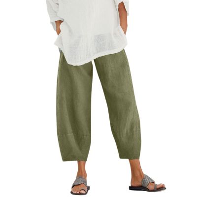 QWENTMTNTY Plus Size Capris Pants for Women Cotton Linen Wide Leg Casual Summer Comfy High Waisted Loose Crop Pants Pockets