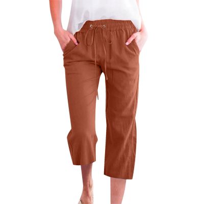 QWENTMTNTY Plus Size Capris Pants for Women Cotton Linen Wide Leg Casual Summer Comfy High Waisted Loose Crop Pants Pockets