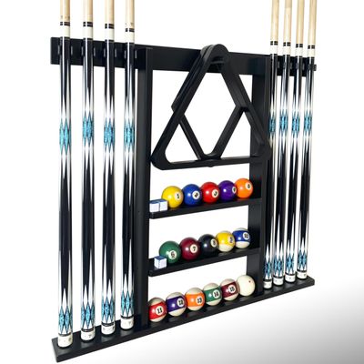 Gacco Billiards Wall Mount Pool Cue Stick Holder, Black Solid Wood Rack for 8 Cues