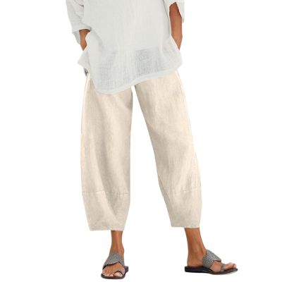 QWENTMTNTY Plus Size Capris Pants for Women Cotton Linen Wide Leg Casual Summer Comfy High Waisted Loose Crop Pants Pockets