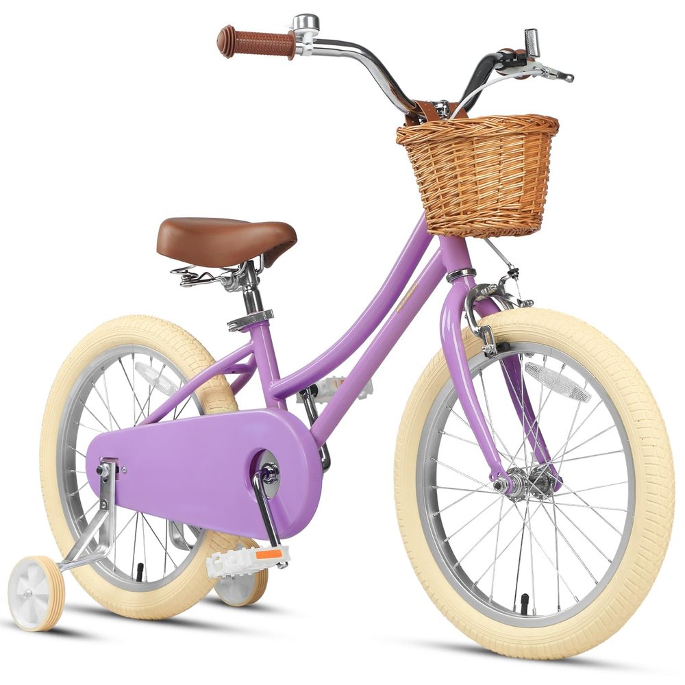 Petimini 18 Inch Little Kids Bike for Age 5 6 7 8 Years Old Girls Retro Vintage Style Bicycles with Basket Training Wheels and Bell, Purple