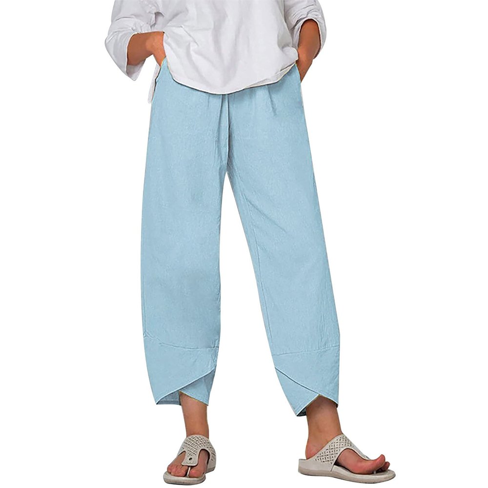QWENTMTNTY Plus Size Capris Pants for Women Cotton Linen Wide Leg Casual Summer Comfy High Waisted Loose Crop Pants Pockets A-Sky Blue