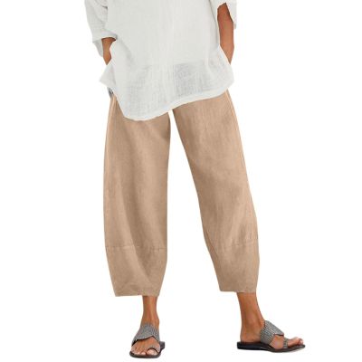 QWENTMTNTY Plus Size Capris Pants for Women Cotton Linen Wide Leg Casual Summer Comfy High Waisted Loose Crop Pants Pockets