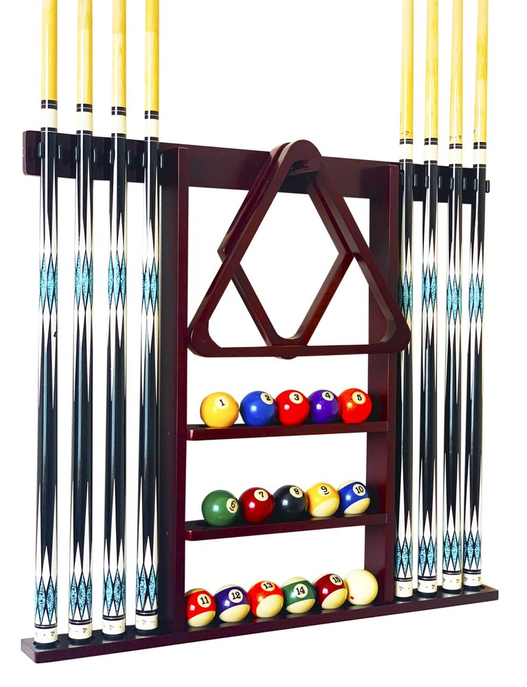 GACCO BILLIARDS Wall Mount Pool Cue Stick Holder Hold 8 Cues, Pool Stick Holder, Billiard Cue Rack For Pool Table Accessories. Pool Table Stick Holder Made Of 100% Solid Wood (Mahogany)