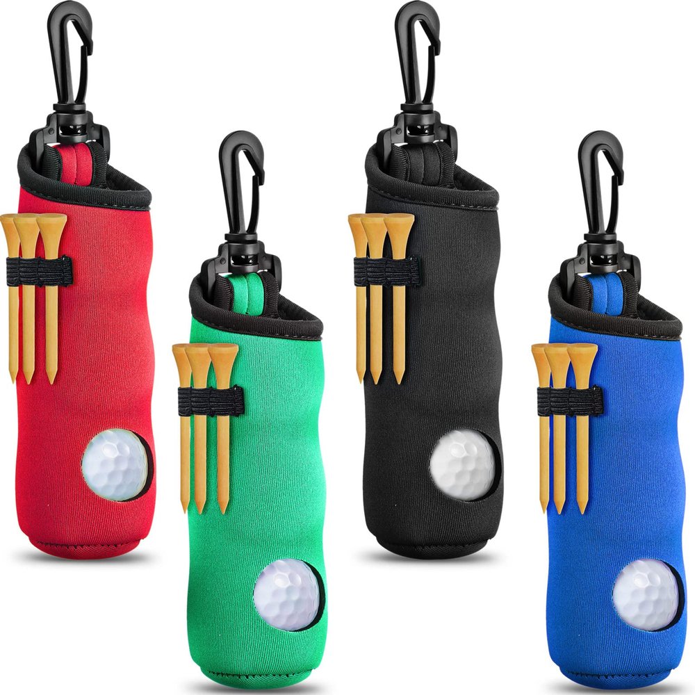 Chivao 4 Pieces Golf Tee Holder Golf Ball Carry Bag Pouch Ball Holder Keychain Belt Clip Gifts Accessories(Black, Red, Blue, Green,Simple)