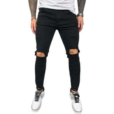 Maiyifu-GJ Mens Ripped Skinny Stretch Jeans Destroyed Tapered Leg Soft Denim Pencil Pants Washed Distressed Jean Trousers (Black,3X-Large)