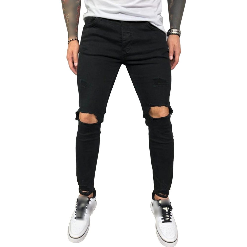 Maiyifu-GJ Mens Ripped Skinny Stretch Jeans Destroyed Tapered Leg Soft Denim Pencil Pants Washed Distressed Jean Trousers (Black,3X-Large)