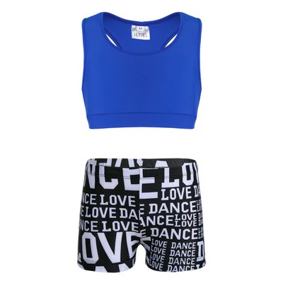 Jhaoyu Girls 2 Piece Tankini Sets Swimsuit Racer Back Crop Top with Print Shorts Bathing Suits Swimwear Beachwear Blue&Black 8-10 Years