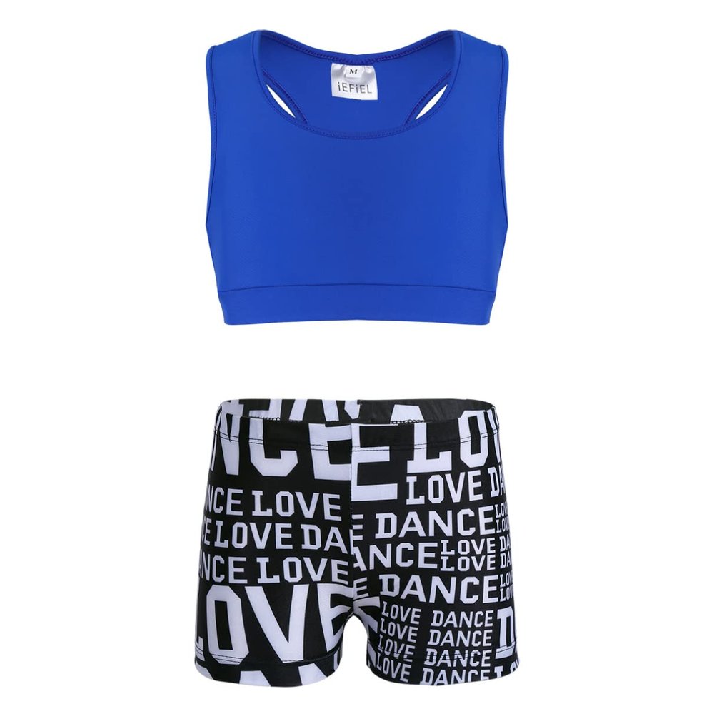 Jhaoyu Girls 2 Piece Tankini Sets Swimsuit Racer Back Crop Top with Print Shorts Bathing Suits Swimwear Beachwear Blue&Black 8-10 Years