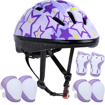 Asslen Kids Bike Helmet Suitable for Ages 3-8 Years Boys Girls, Adjustable Toddler Helmet with Knee Elbow Pads Wrist Guards Sports Protective Gear Set for Bike Bicycle Skateboard Scooter-Purple