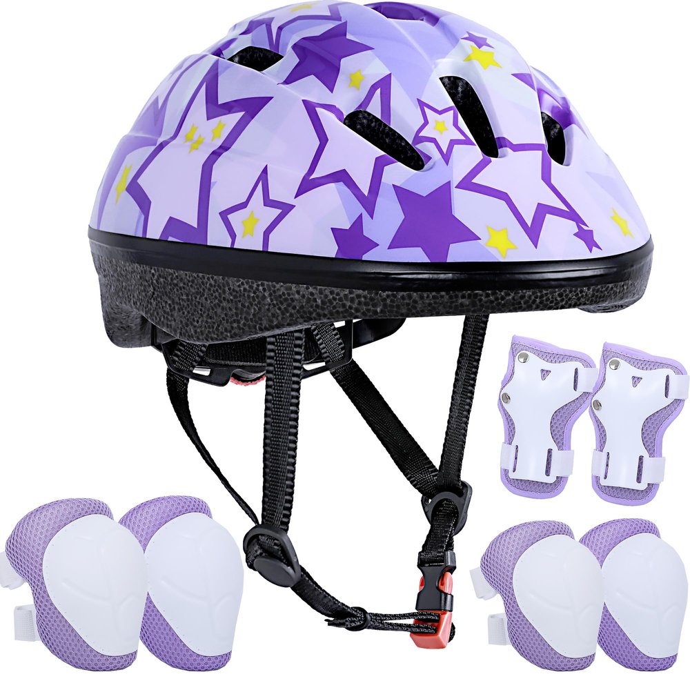 Asslen Kids Bike Helmet Suitable for Ages 3-8 Years Boys Girls, Adjustable Toddler Helmet with Knee Elbow Pads Wrist Guards Sports Protective Gear Set for Bike Bicycle Skateboard Scooter-Purple