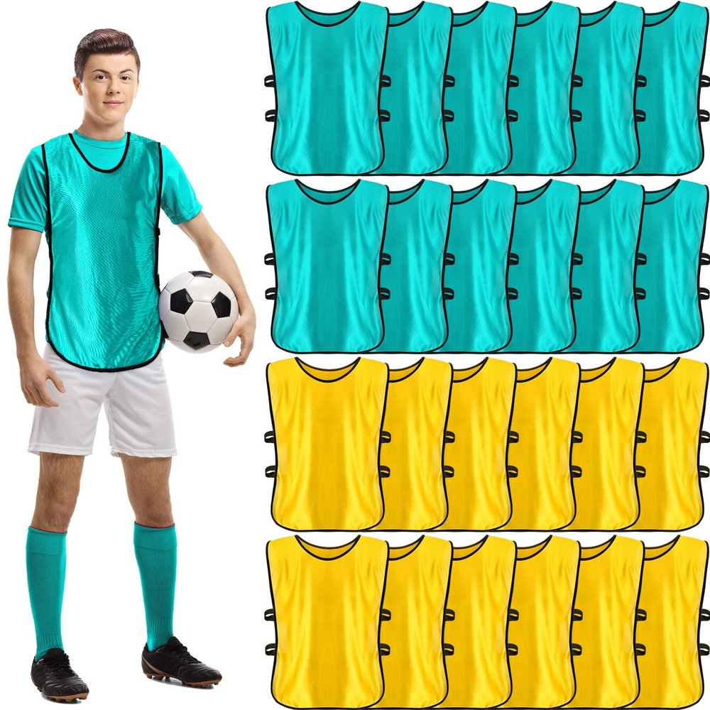 Geyoga 24 Pcs Kids Pinnies Scrimmage Vest Soccer Pinnies Football Youth Jersey Sport Team Vest Basketball Bib for School Boy(Gold, Lake Blue)
