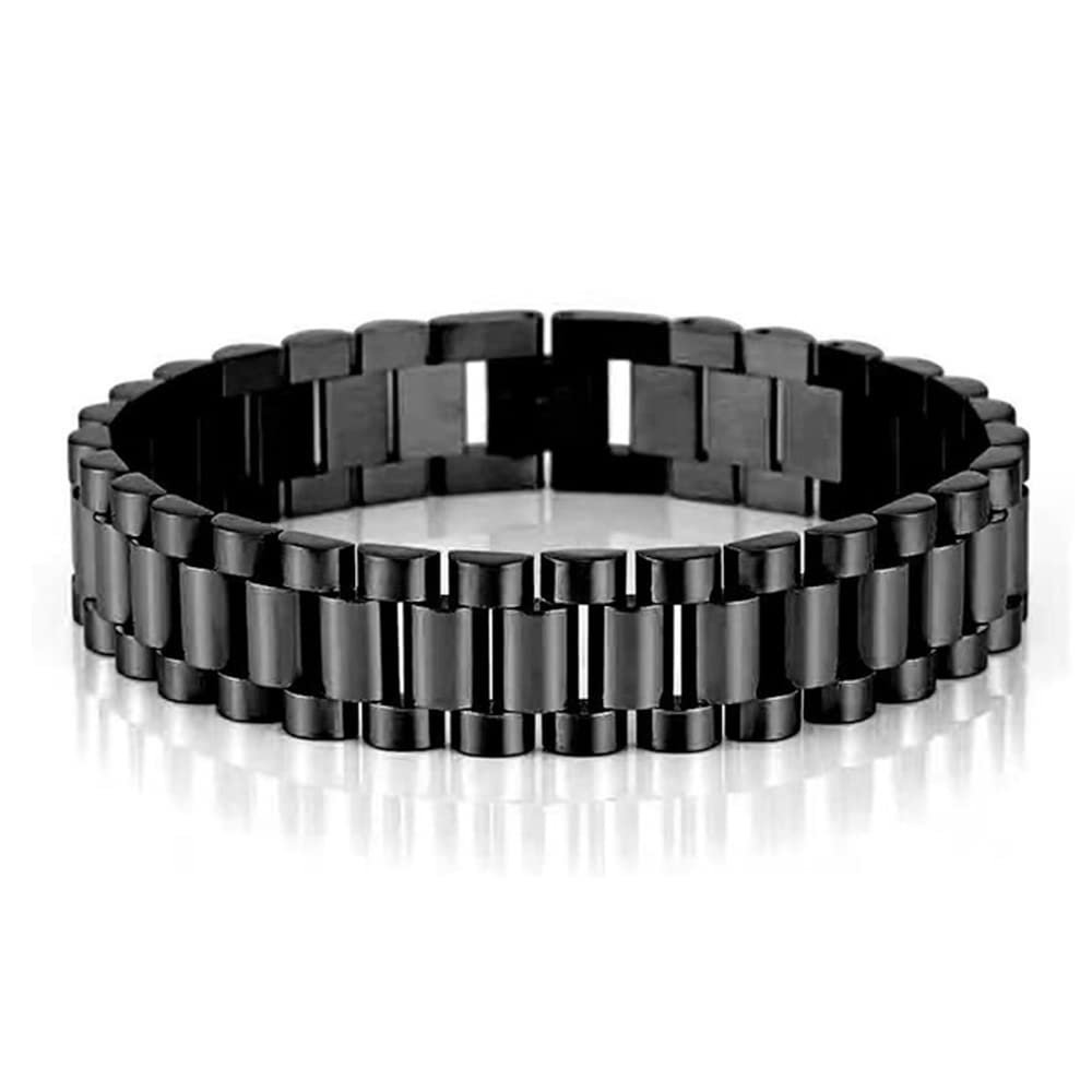 Qiaonitu 10mm/15mm Heavy Men Women Watchband Link Chain Bracelets Hiphop 18K Gold Stainless Steel Watch Chain Strap Bracelet Bangle Wrist Jewelry (Black 15mm, 21cm)
