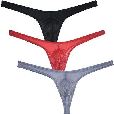 Botmois Sexy Men's Shiny Mesh Bikini Thong See-through Underwear Pouch G-string Sheer T-back Organdy Tangas 3-Pack(Black, Red, Grey) L