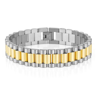 Qiaonitu 10mm/15mm Heavy Men Women Watchband Link Chain Bracelets Hiphop 18K Gold Stainless Steel Watch Chain Strap Bracelet Bangle Wrist Jewelry (Gold Silver 15mm, 21cm)