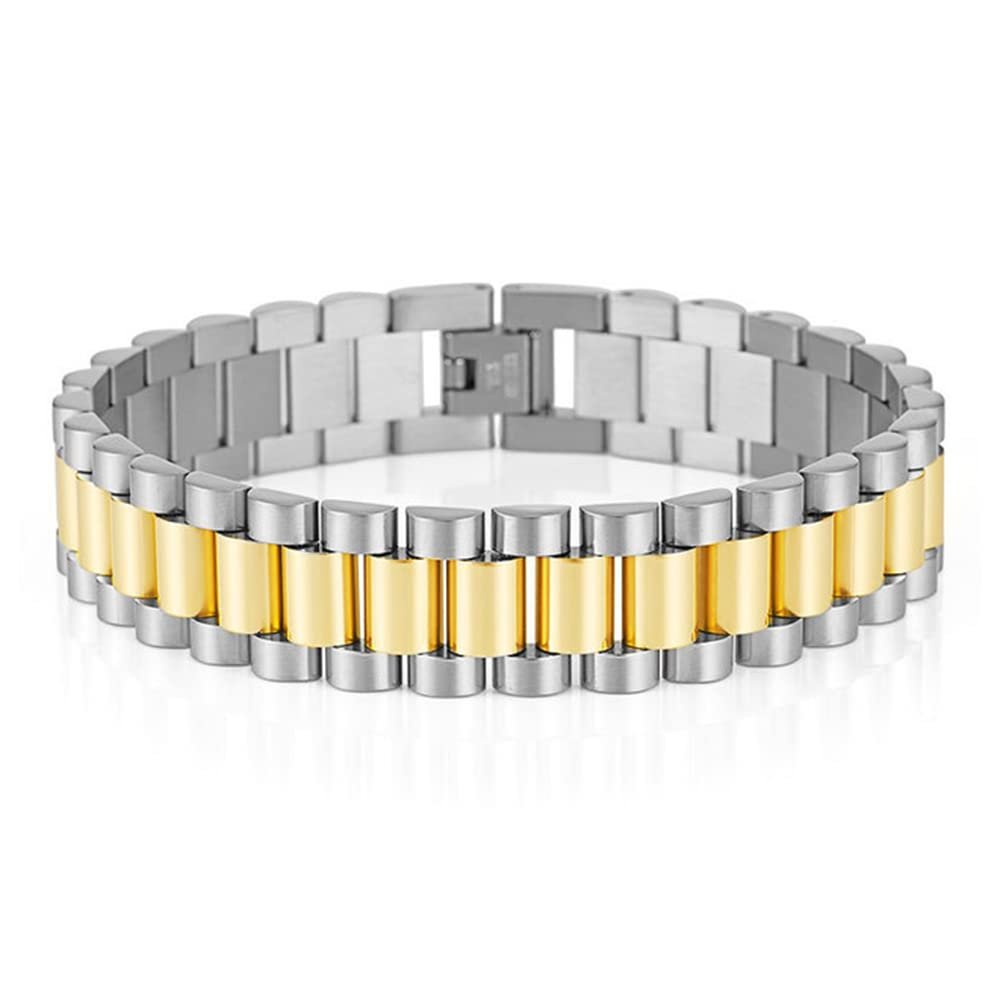 Qiaonitu 10mm/15mm Heavy Men Women Watchband Link Chain Bracelets Hiphop 18K Gold Stainless Steel Watch Chain Strap Bracelet Bangle Wrist Jewelry (Gold Silver 15mm, 21cm)