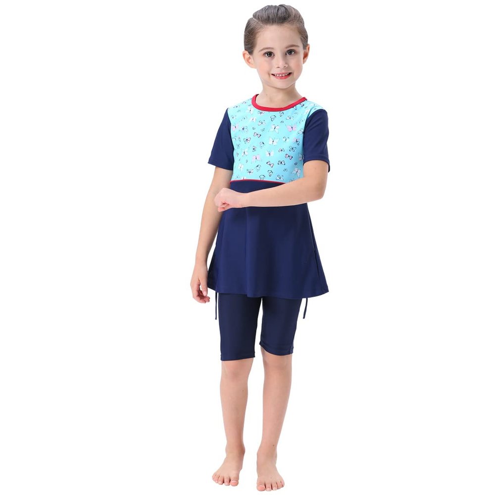 Muslim Swimsuits for Girls Kids: Bathing Suits Modest Swimwear Islamic Short Sleeve Burkini Swimsuits Dress Full Cover Hijab Swimming Cap Top Pants Rash Guard Tankini Set Blue Butterfly 2-3T