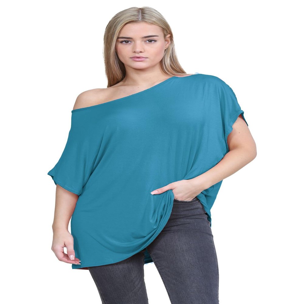 Janisramone Women s Off Shoulder Tops, Plain Batwing Short Sleeve Oversized T Shirts for Women, Baggy Bardot Top, Party Wear Teal