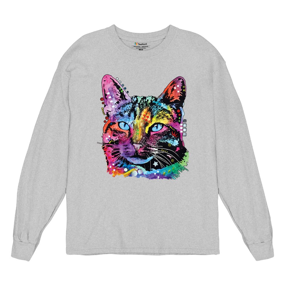 Dean Russo Thoughtful Cat Long Sleeve T-Shirt Colorful Pet Kitten Eyes Gray Small