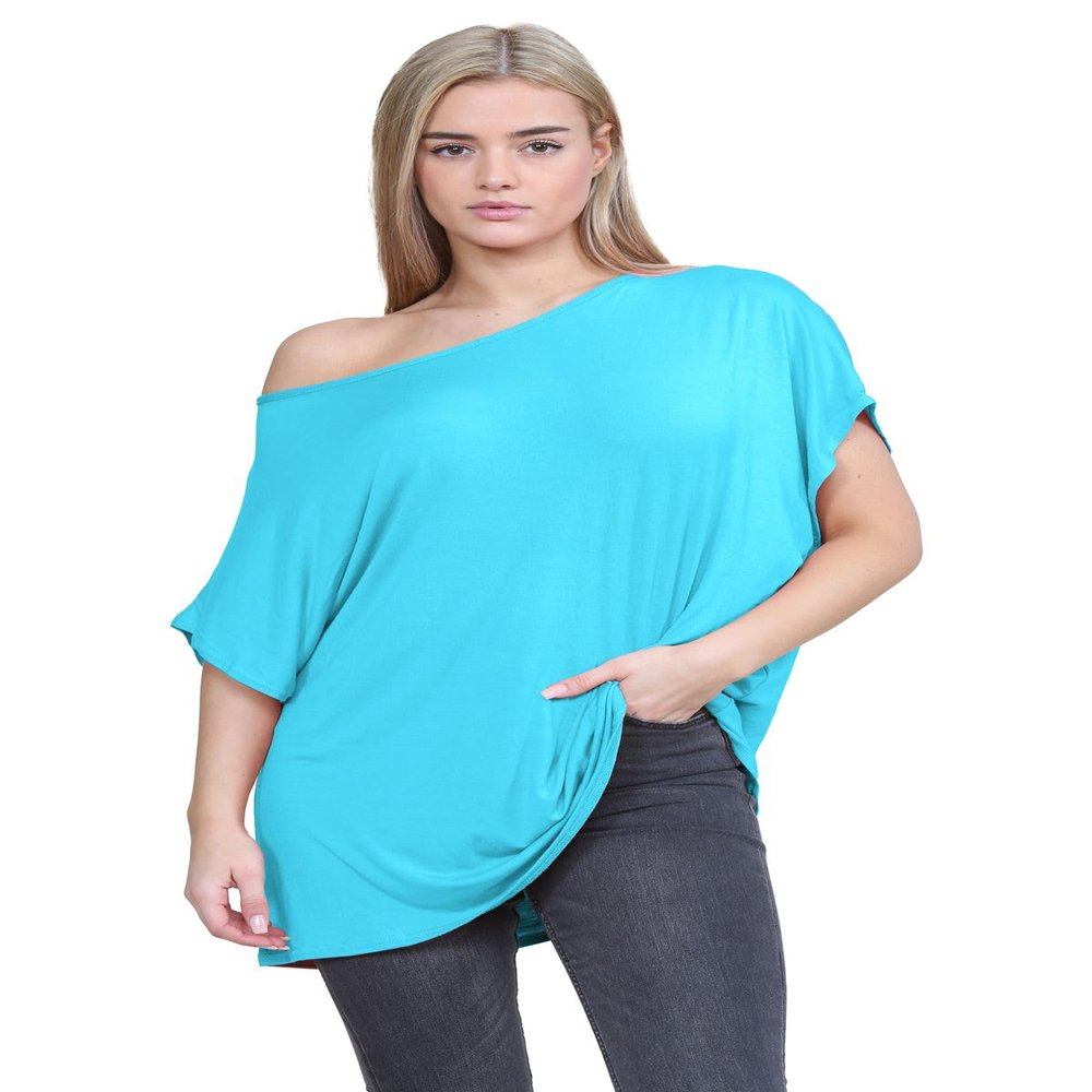 Janisramone Women s Off Shoulder Tops, Plain Batwing Short Sleeve Oversized T Shirts for Women, Baggy Bardot Top, Party Wear Turquoise