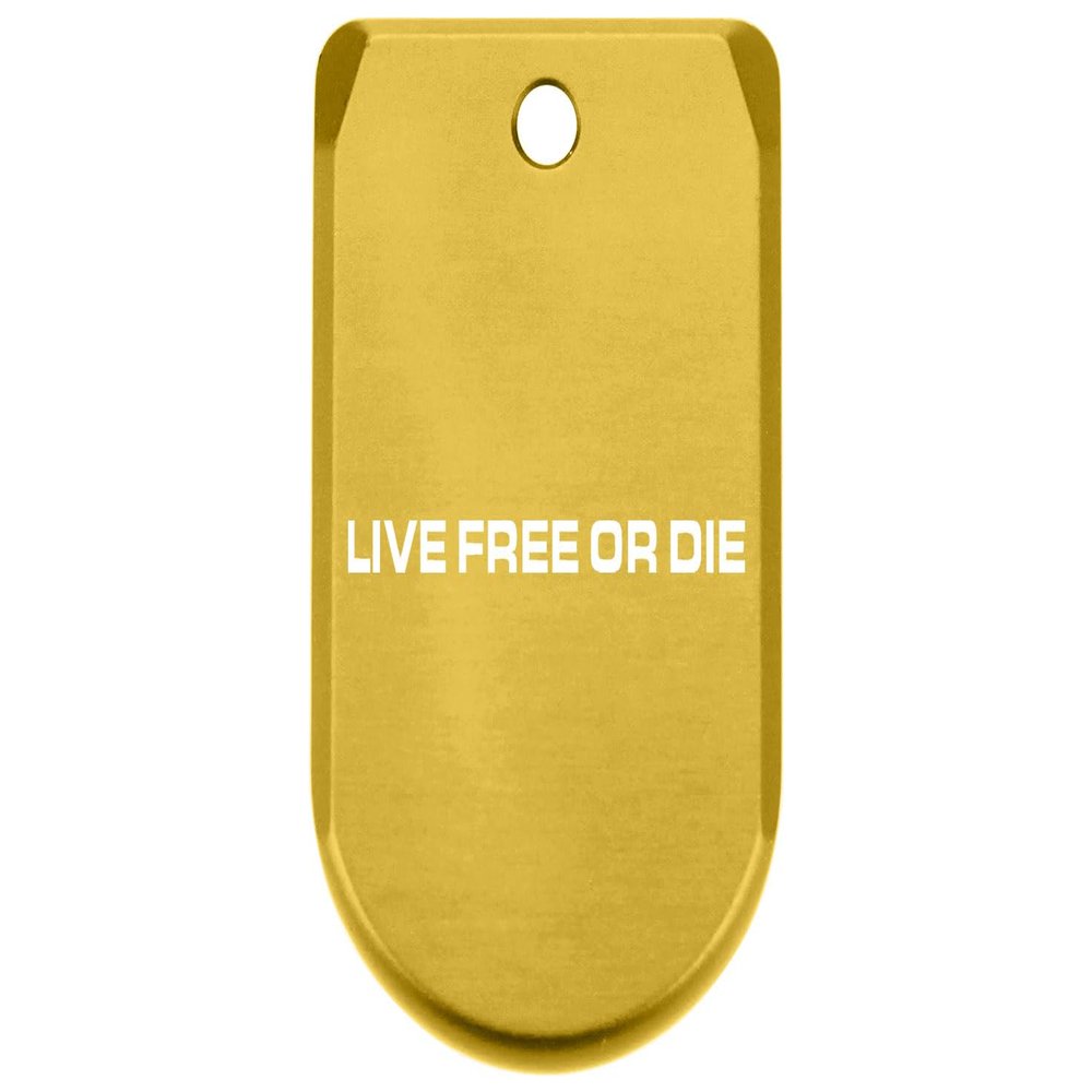 NDZ Performance Magazine Base Plate Finger Extension for Sig P365 & P365 SAS 9MM  Laser Engraved Aluminum, EDC Upgrade, USA Made, Gold  Live Free or Die 1 Line Text