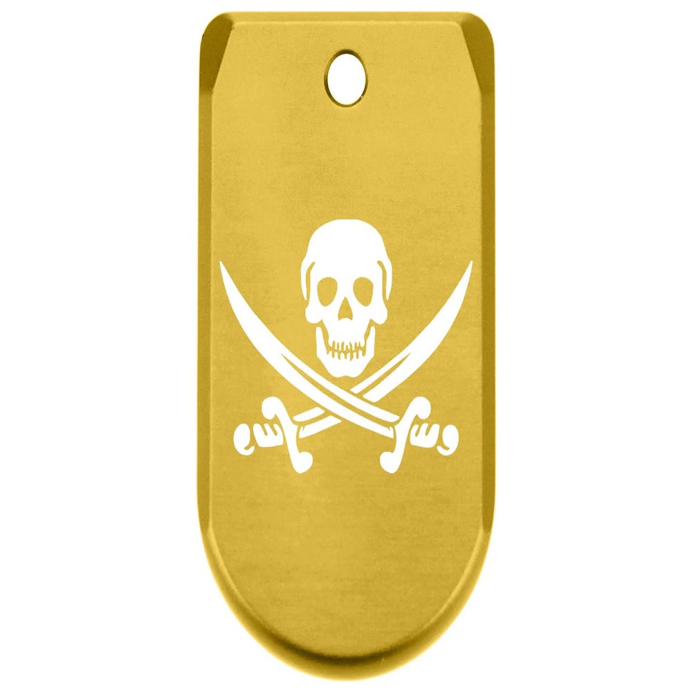 NDZ Performance Magazine Base Plate Finger Extension for Sig P365 & P365 SAS 9MM  Laser Engraved Aluminum, EDC Upgrade, USA Made, Gold  Skull and Crossbones Jolly Roger