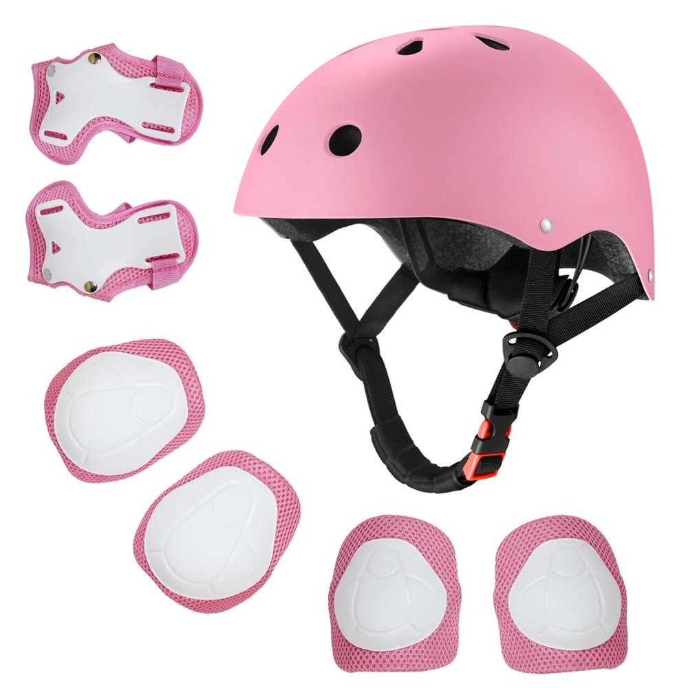 Kids Bike Helmet for Ages 2-14, Adjustable Safety Toddler Helmet with Protective Gear Set, Skateboard Scooter Helmets with Knee Elbow Pads Wrist Guards (Pink, Small (for Ages 2-8))
