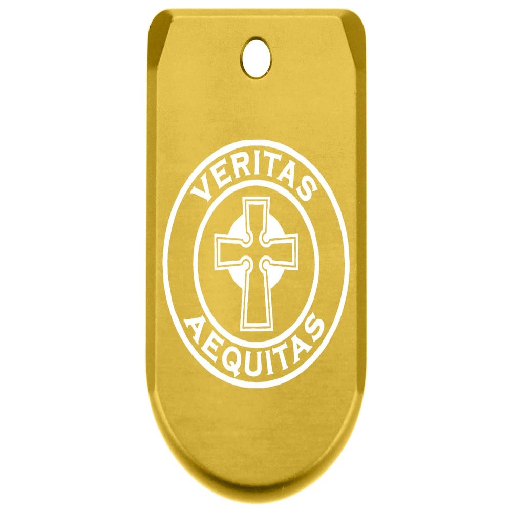 NDZ Performance Magazine Base Plate Finger Extension for Sig P365 & P365 SAS 9MM Laser Engraved Aluminum, EDC Upgrade, USA Made, Gold Celtic Cross Veritas Aequitas Circle