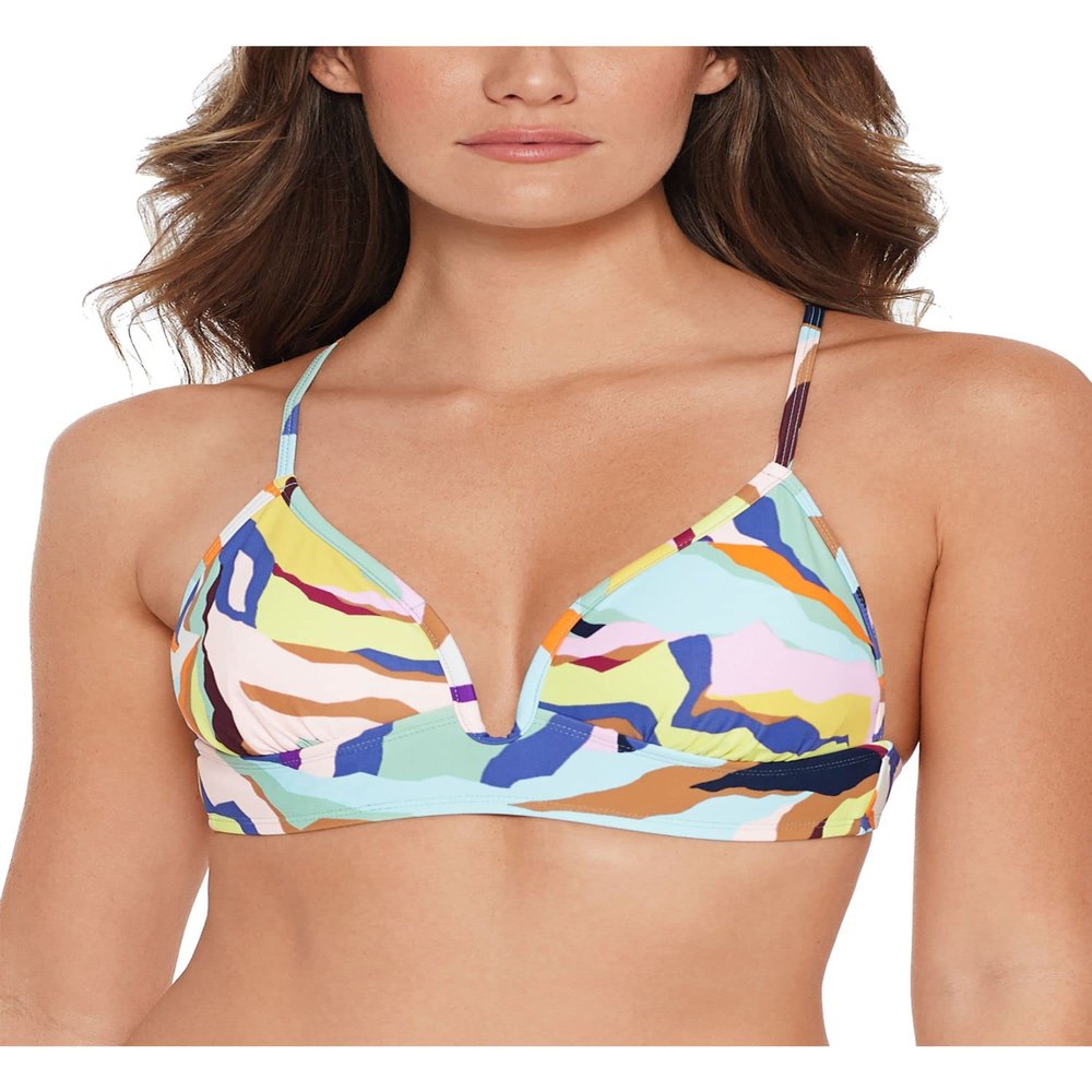 SALT + COVE Women's Light Blue Printed Stretch Removable Cups Lined Deep V Neck V-Wire Swimsuit Top S