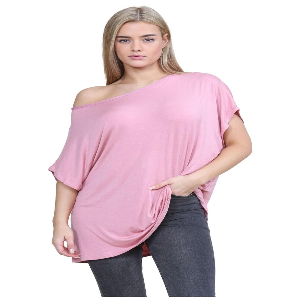 Janisramone Women s Off Shoulder Tops, Plain Batwing Short Sleeve Oversized T Shirts for Women, Baggy Bardot Top, Party Wear Rose Pink