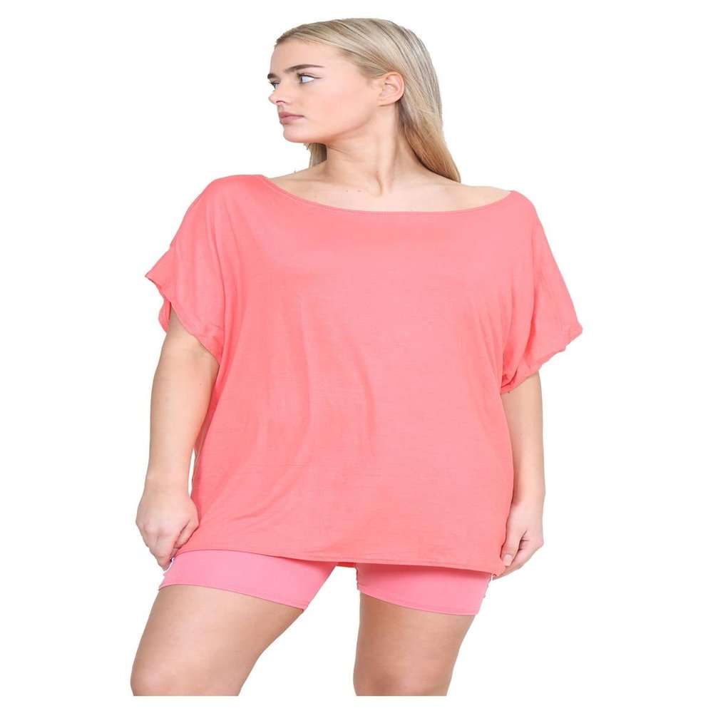 Janisramone Women s Off Shoulder Tops, Plain Batwing Short Sleeve Oversized T Shirts for Women, Baggy Bardot Top, Party Wear Coral