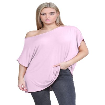 Janisramone Women s Off Shoulder Tops, Plain Batwing Short Sleeve Oversized T Shirts for Women, Baggy Bardot Top, Party Wear Baby Pink