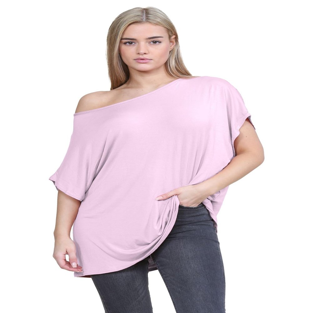 Janisramone Women s Off Shoulder Tops, Plain Batwing Short Sleeve Oversized T Shirts for Women, Baggy Bardot Top, Party Wear Baby Pink
