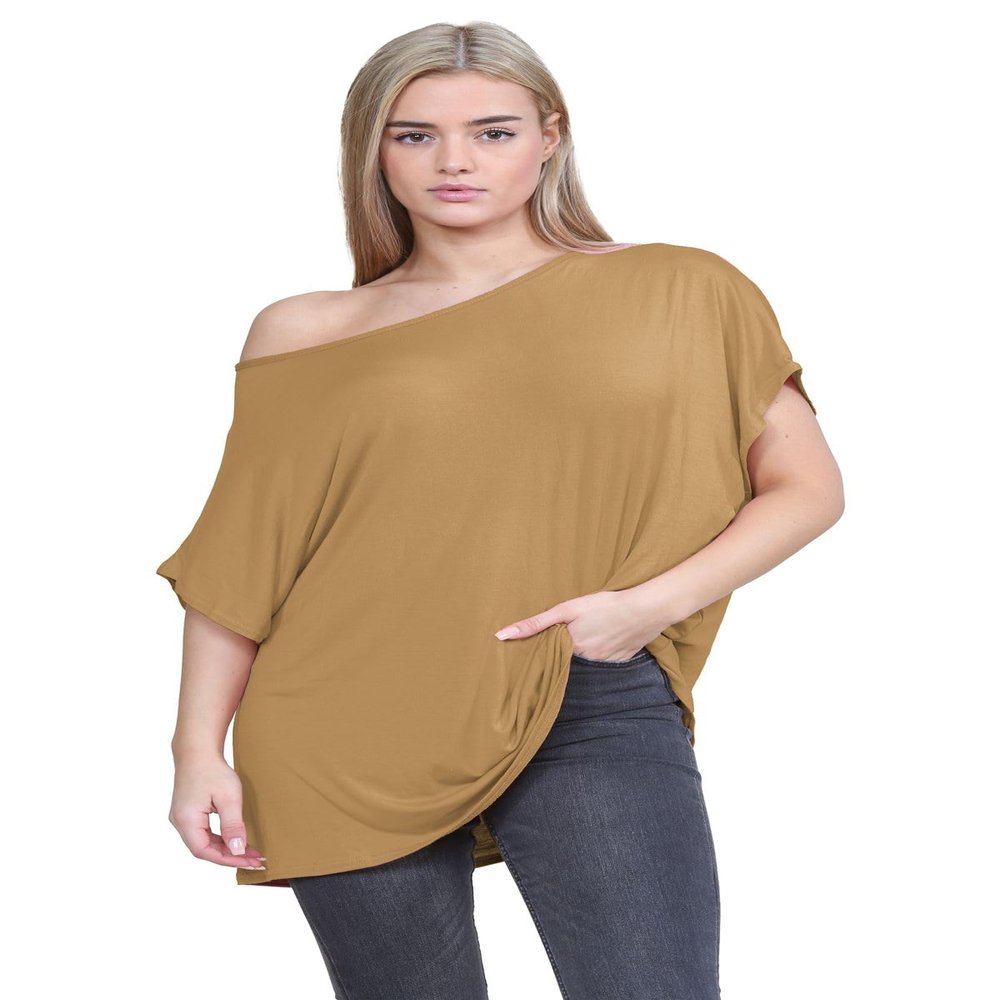 Janisramone Women s Off Shoulder Tops, Plain Batwing Short Sleeve Oversized T Shirts for Women, Baggy Bardot Top, Party Wear Camel