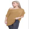 Janisramone Women s Off Shoulder Tops, Plain Batwing Short Sleeve Oversized T Shirts for Women, Baggy Bardot Top, Party Wear Camel view 2