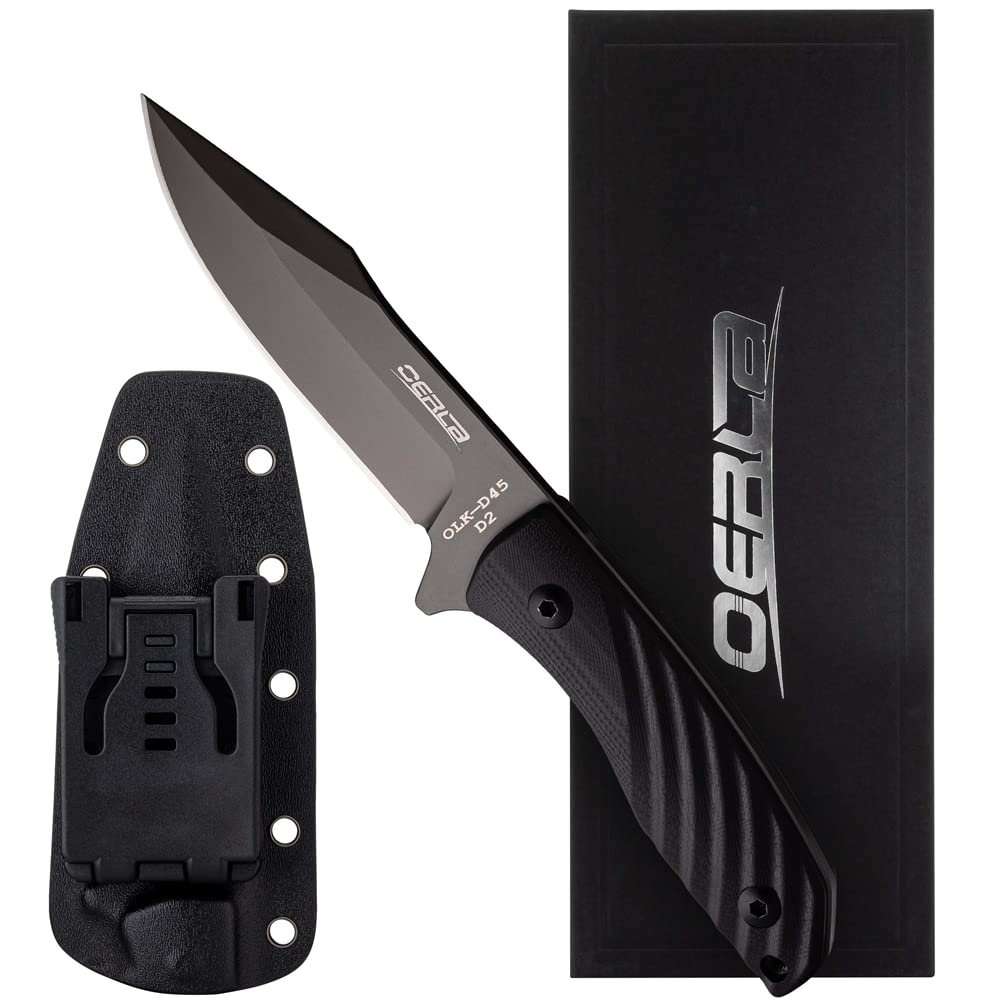 OERLA OLK-D45 Tactical Survival Knife with Kydex Sheath, D2 High Carbon Steel Fixed Blade Outdoor Knife, G10 Handle, EDC Tactical Belt Clip