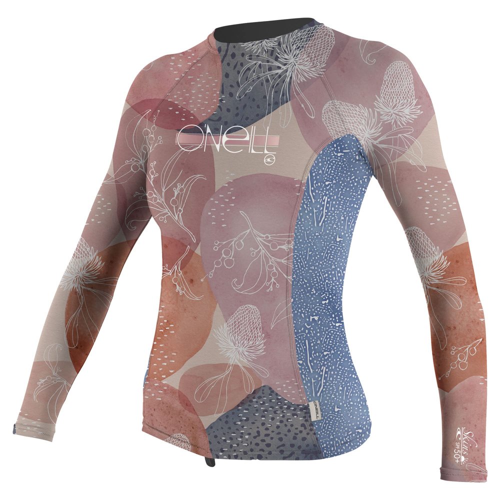 O'Neill Wetsuits Girls' Standard Premium Skins Long Sleeve Rash Guard, Desert Bloom/Drift Blue, 8