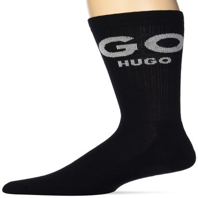 HUGO Men's Big Logo Quarter Length Ribbed Cotton Socks, Coal, 7-13